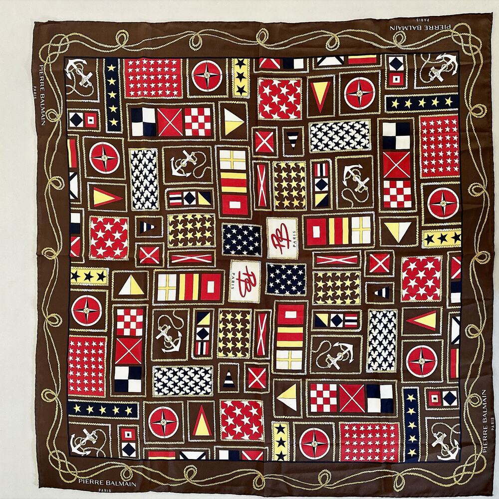 VINTAGE PIERRE BALMAIN PARIS SCARF NAUTICAL BROWN